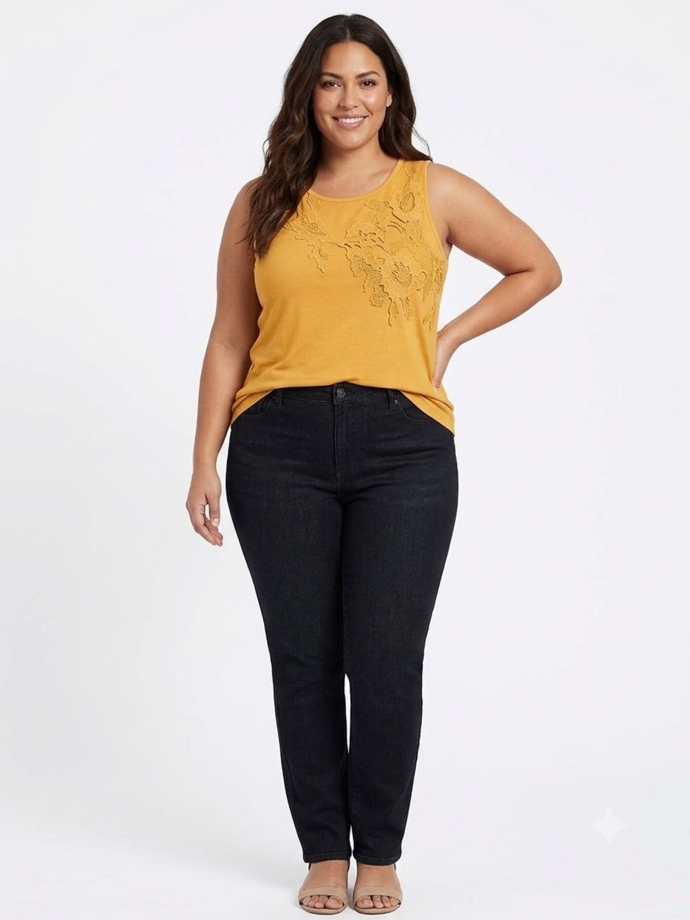ME by JENNIE GARTH Mustard Lace-Appliqué Tank Top Women's Sleeveless Tee